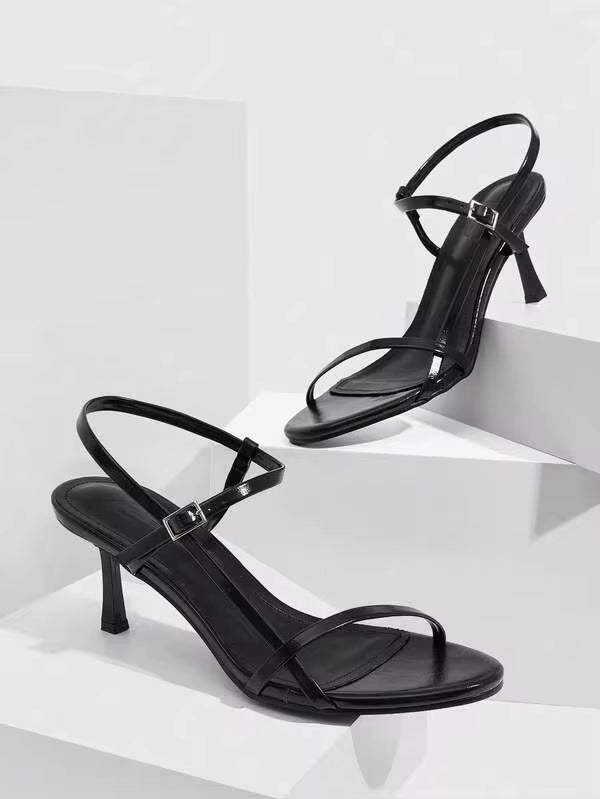 CUCCOO SZL Women Shoes Summer Round Toe Thin Heel Black Strap Side Buckle Back Lift Stylish Sexy Dinner Party Ladies High Heel Sandals Women's Shoes